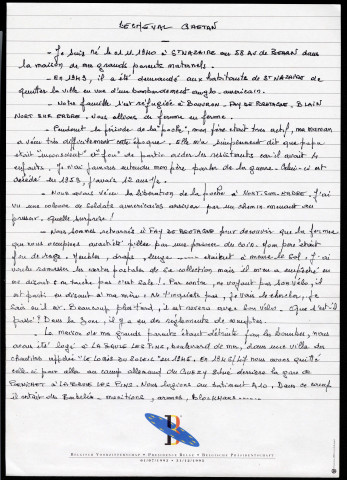 Souvenirs de Gaëtan Lecheval (fils), enfant pendant la Seconde Guerre mondiale : témoignage manuscrit sur la période de la guerre et de la Libération.