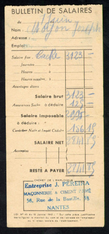 Activité professionnelle : bulletin de salaire délivré par l'entreprise Pereira, agence de Nantes.
