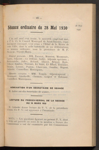 Séance ordinaire du 28 mai 1930 - pages 125-180