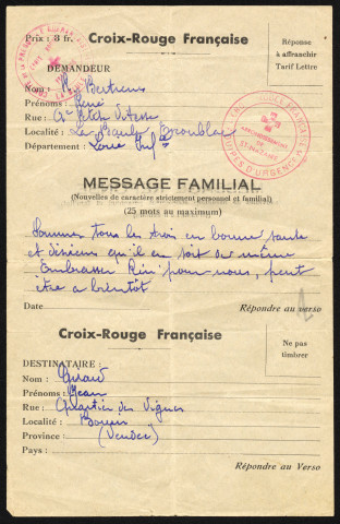 Seconde Guerre mondiale, message familial envoyé depuis la Poche de Saint-Nazaire par René Bertreux via le dispositif de la Croix-Rouge.