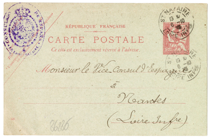 Carte postale adressée au vice-consul d'Espagne à Nantes le 6 octobre 1903