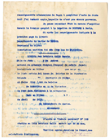 Courrier rédigé par le vice-consul de Norvège à Saint-Nazaire à destination du consul d'Espagne à Saint-Nazaire informant du décès d'un marin espagnol de l'équipage d'un navire norvégien, décédé à l'hôpital de Saint-Nazaire