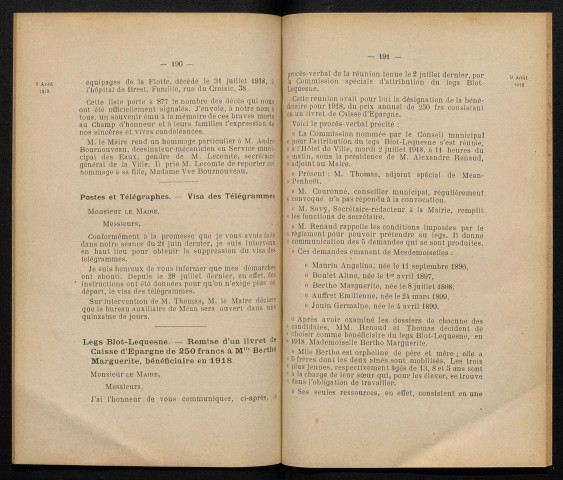 Séance ordinaire du 9 août 1918 - pages 187-217