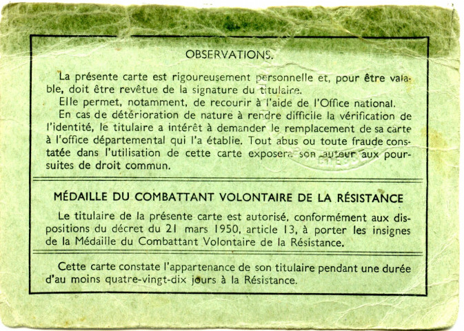 Carte de Combattant Volontaire de la Résistance.