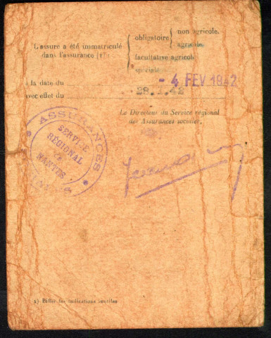 Faux papiers, activité professionnelle : fausse carte d'immatriculation d'Assurances sociales au nom de Joseph Moyon, Nantes.