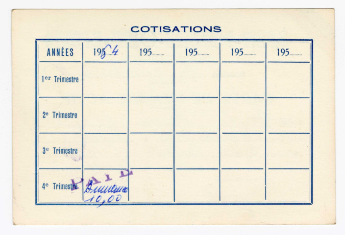 Carte de membre actif de Chantal Le Mercier (recto-verso): cotisations par années et par trimestre