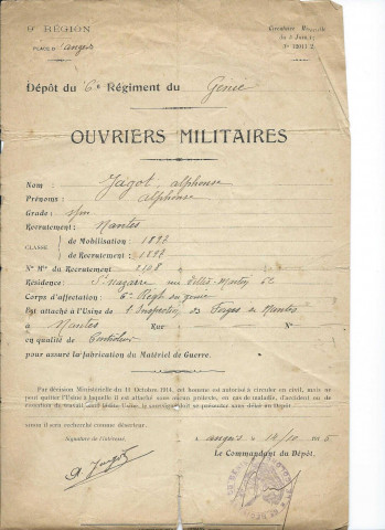 Ordre d'affectation au 6eme régiment du Génie (14 octobre 1915)