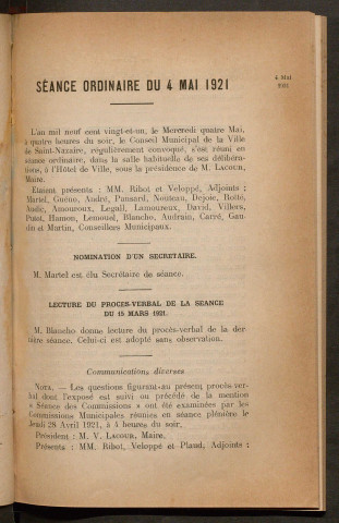 Séance ordinaire du 4 mai 1921 - pages 129-226