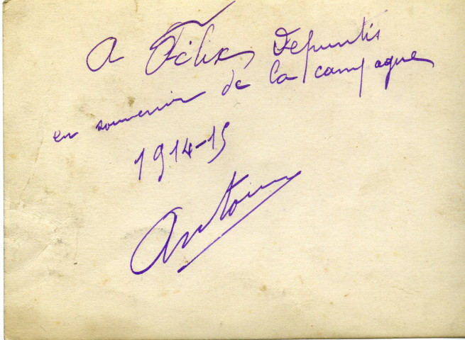 Note au verso d'une carte adressée à Félix Depuntis