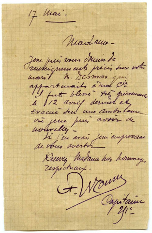 Lettre du capitaine de la compagnie de Donatien Desmas adressée à Marie Desmas