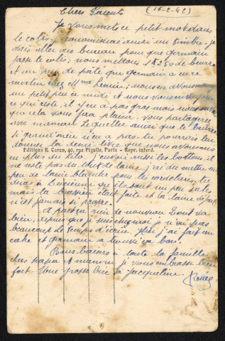 Correspondance de Renée décrivant le contenu d'un colis envoyé à ses parents : carte postale