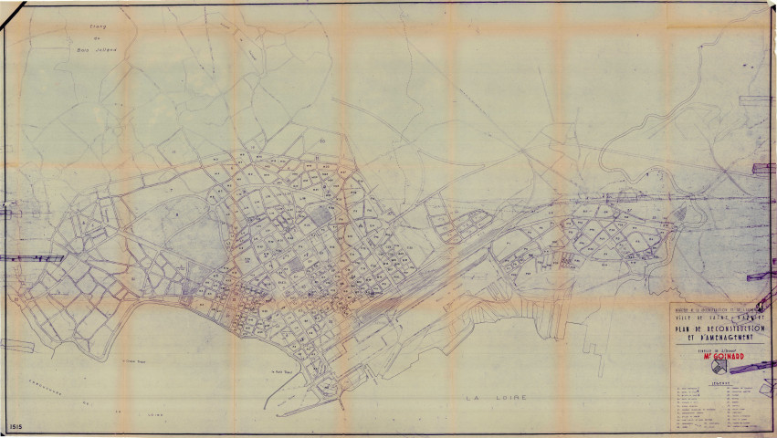 Plan de reconstruction et d'aménagement de Saint-Nazaire : Plan de découpage des ilots avec leur numérotation, sur un fond de plan d'avant-guerre.