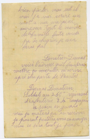 Correspondance du soldat Donatien Delmas adressée à sa femme et sa famille du 3 août 1914 au 16 août 1915.
