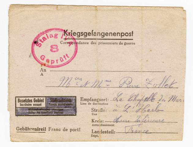 6 correspondances de la part de Pierre Zollet fils à ses parents La Chapelle des Marais en Loire Inférieure : carte postale