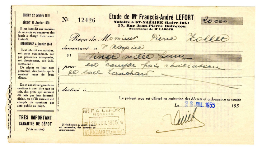 4 rue Aristide-Briand. - Maison d'habitation et magasin, étude de résiliation de bail entre M. et Mme. Zollet et Madame Marguerite Bruhier-Lanchard : acte notarié, deux garanties de dépôt.