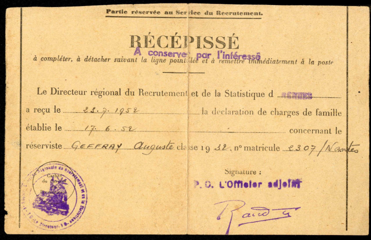 Service militaire : récépissé de déclaration de charges de famille, Direction régionale du recrutement et de la statistique, Rennes.