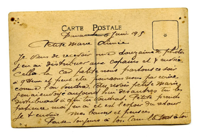 Photo-carte représentant son groupe de soldats du 65ème régiment d'infanterie, adressée par Joseph Camille Foucaud à Marie.