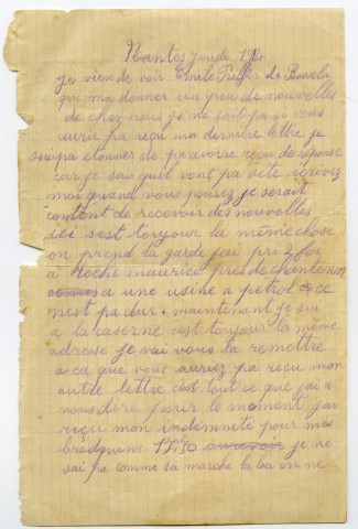 Correspondance du soldat Donatien Delmas adressée à sa femme et sa famille du 3 août 1914 au 16 août 1915.