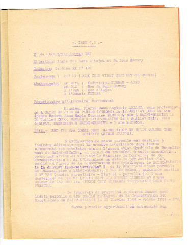Ilot C3, rue du Bois-Savary et rue d'Anjou. - Immeubles et magasin, remembrement : correspondance sur le programme de reconstruction, d'économie et de clôture des opérations, plan de la propriété Zollet, titre de propriété.