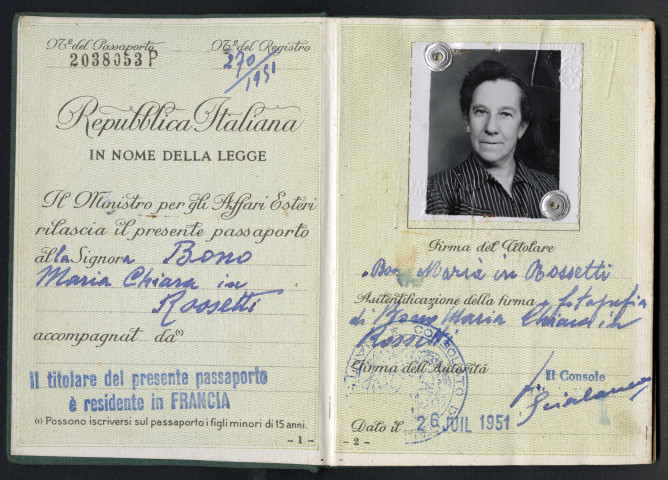 Passeport italien de Maria-Chiara Bono, épouse Rossetti.