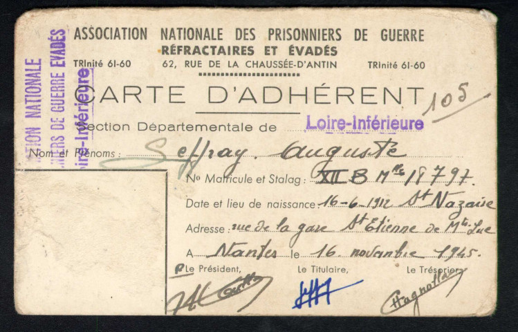 Association nationale des prisonniers de guerre, réfractaires et évadés : carte d'adhérent.