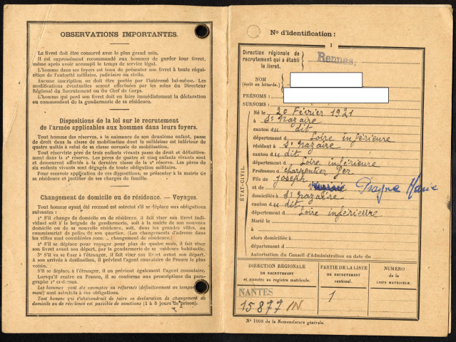 Livret individuel du Ministère de la Guerre classe 1941, du 9 juillet 1947, "classé service armé".