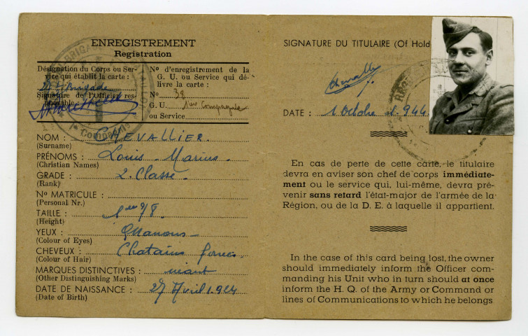 Carte d'identité de Louis Chevalier émise par l'armée française