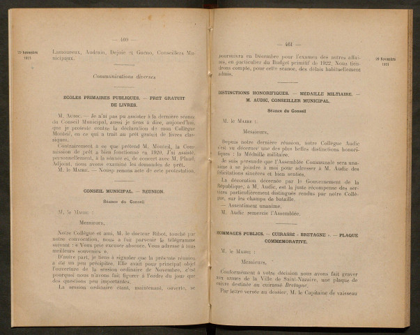 Séance ordinaire du 29 novembre 1921 - pages 459-491
