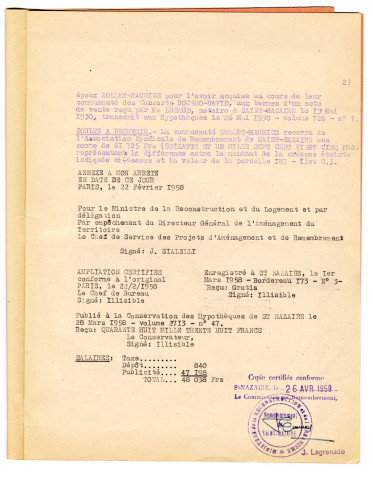 Ilot C3, rue du Bois-Savary et rue d'Anjou. - Immeubles et magasin, remembrement : correspondance sur le programme de reconstruction, d'économie et de clôture des opérations, plan de la propriété Zollet, titre de propriété.