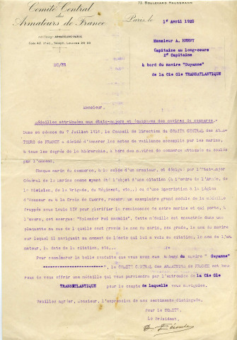 Lettre du comité central des Armateurs de France pour l'attribution de médailles aux états-majors d'équipages de navires de commerce (1er avril 1920)