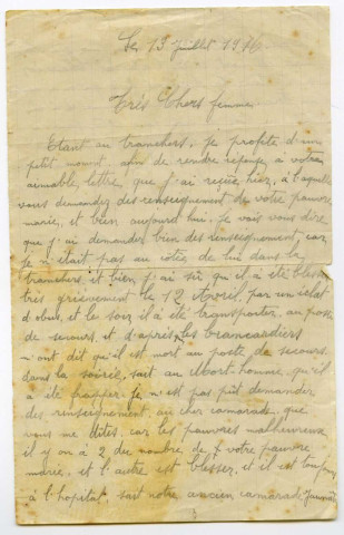Courrier du caporal Joseph Guilloré, camarade de Donatien Desmas adressé à Marie Desmas, épouse de Donatien Desmas.