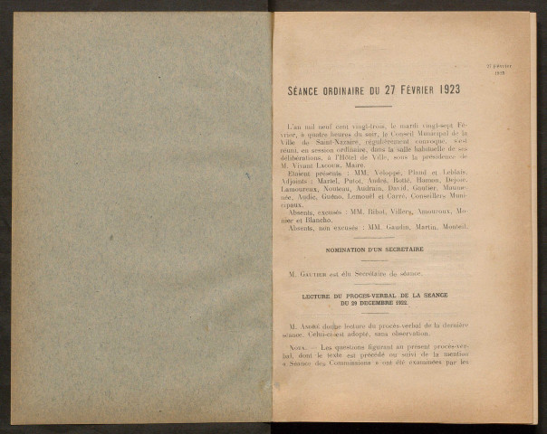 Séance ordinaire du 27 février 1923 - pages 1-84
