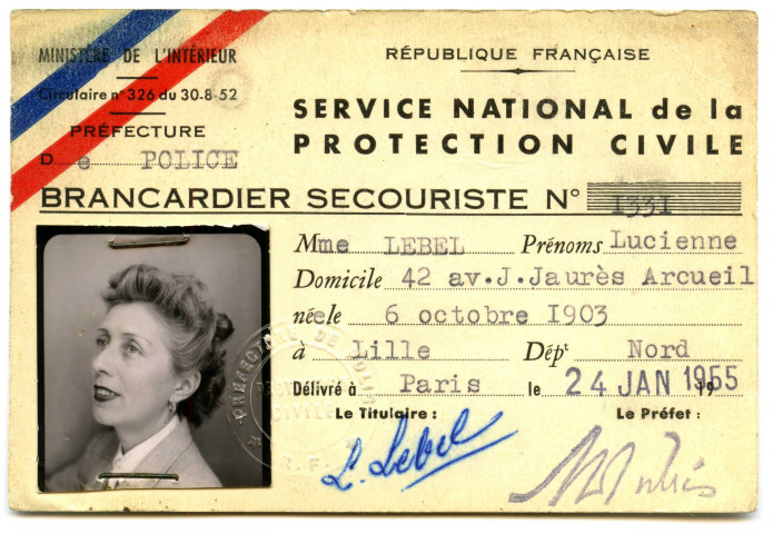 Carte de brancardier-secouriste délivrée par le Service National de la Protection Civile, 24 janvier 1955