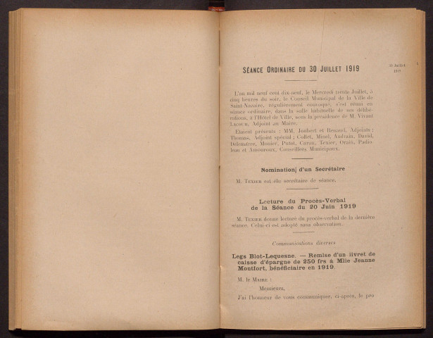Séance ordinaire du 30 juillet 1919 - pages 251-287