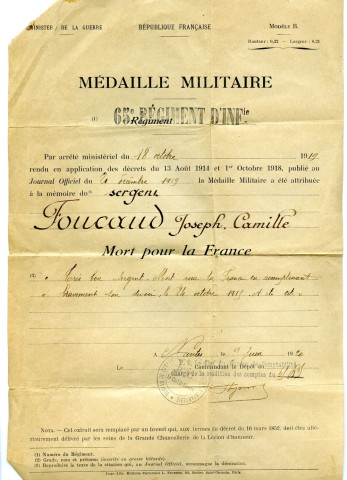 Attribution de la médaille militaire à Joseph Camille Foucaud, 9 juin 1920