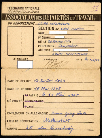 Carte de membre actif de l'association départementale 1946, section de Saint-Joachim