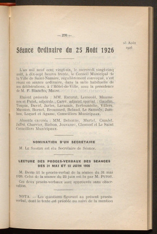 Séance ordinaire du 25 août 1926 - pages 276-429