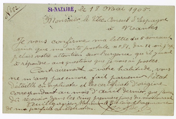 Carte postale adressée au vice-consul d'Espagne à Nantes le 15 mai 1905