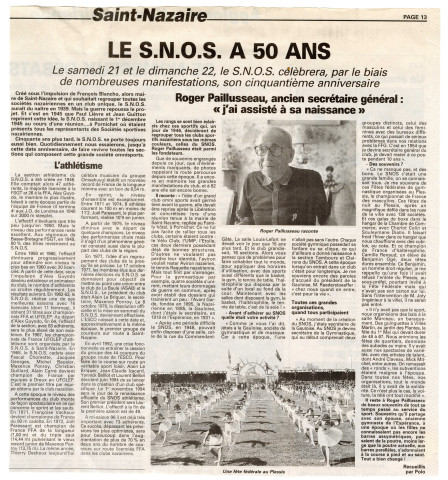 Article de presse de Ouest-France: "Le SNOS a 50 ans" avec Roger Paillusseau (marié à Marcelle Le Mercier), ancien secrétaire général