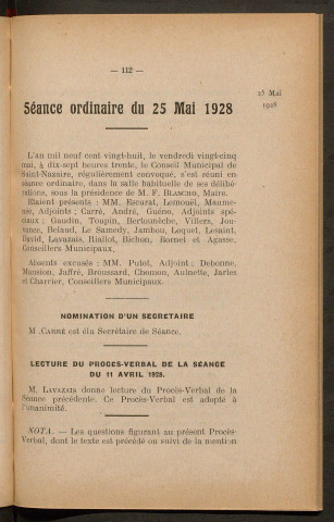 Séance ordinaire du 25 mai 1928 - pages 112-159