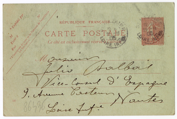 Carte postale adressée à Julio Balbois, vice-consul d'Espagne à Nantes en 1905