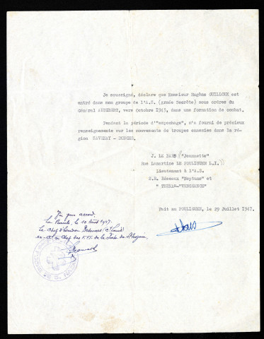 Déclaration de la participation de Eugène Guillou dans l'Armée Secrète et d'avoir fourni des renseignements sur les mouvements des troupes ennemies, de la part de Jeannette Le Bars, lieutenant à l'A.S. : lettre.