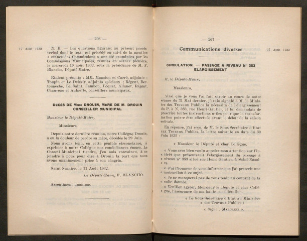 Séance ordinaire du 17 août 1932 - pages 205-317