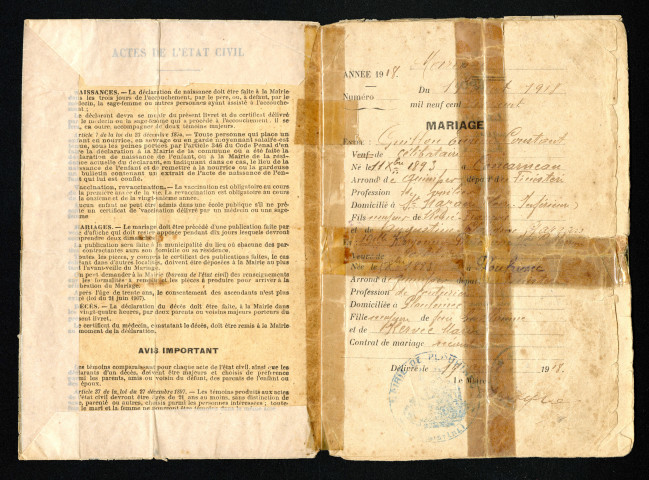Livret de famille de Eugène Constant Guillou, né le 11 décembre 1893, décédé le 26 juin 1962, marié le 19 août 1918 à Philomène Jeanne Catherine Kergonna, décédé le 31 décembre 1967, ayant eu deux enfants, Marie Augustine né le 1 mai 1919 et Jeanne Augustine né le 24 décembre 1920, instruction concernant l'hygiène de la famille : livret de famille.