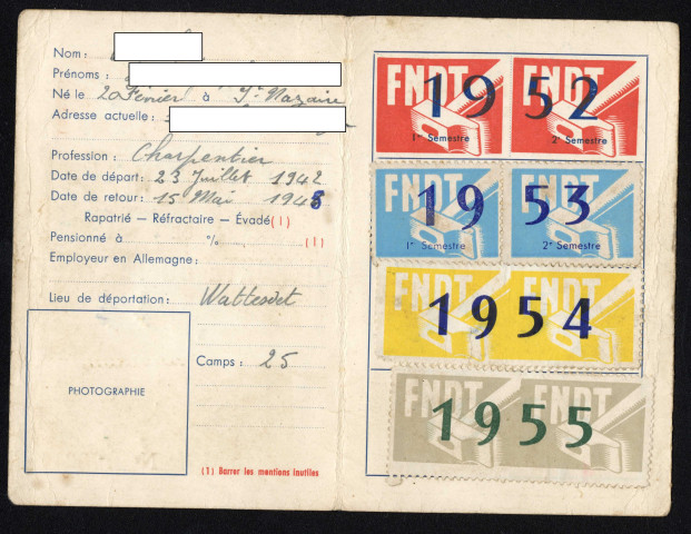 Carte de membre actif de l'association départementale 1952-1955, section de Nantes