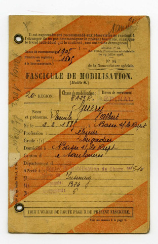 Fascicule de mobilisation du soldat Emile Guéry