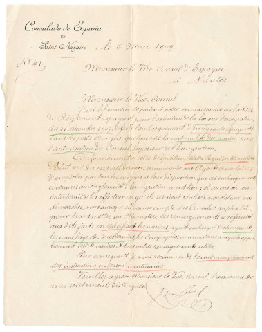 Courrier du consulat d'Espagne à Saint-Nazaire à destination du vice-consul d'Espagne à Nantes
