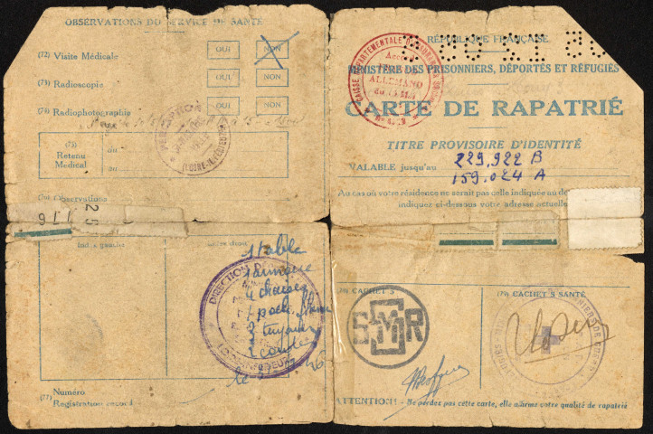Carte de rapatrié (titre provisoire d'identité) au titre de STO, d'un machiniste, délivrée par le Ministère des prisonniers, déportés et réfugiés
