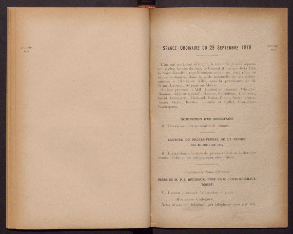 Séance ordinaire du 29 septembre 1919 - pages 289-382