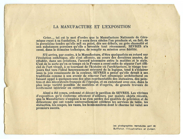 Catalogue d'exposition de la Manufacture Nationale de Céramique au Pavillon de Sèvres